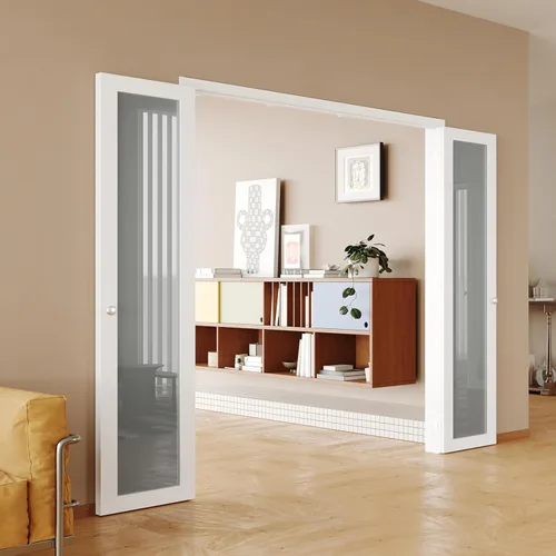 Miniatura 21 de Puerta plegable de 180 grados, para aberturas de 30 ″ x 80 ″, puerta plegable esmerilada blanca 3-Lite con bisagras, juego de herrajes para puertas