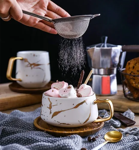 Miniatura 3 de Jusalpha Juego de taza de té y platillo de bambú de 300 ml con impresión de mano dorada de lujo, patrón de mármol de moda para mujeres TCS19 (blanco)