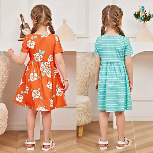Miniatura 7 de PATPAT Paquete múltiple de vestidos florales para niña pequeña, paquete de 23 unidades, a lunares, manga corta, vestido de corte en línea A