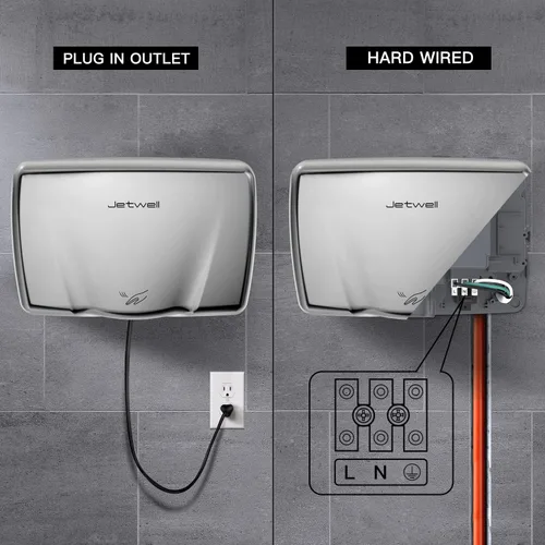 Miniatura 4 de JETWELL Paquete de 2 secadores de manos compactos para baños comerciales, cubierta de acero inoxidable, viento cálido automático de alta velocidad