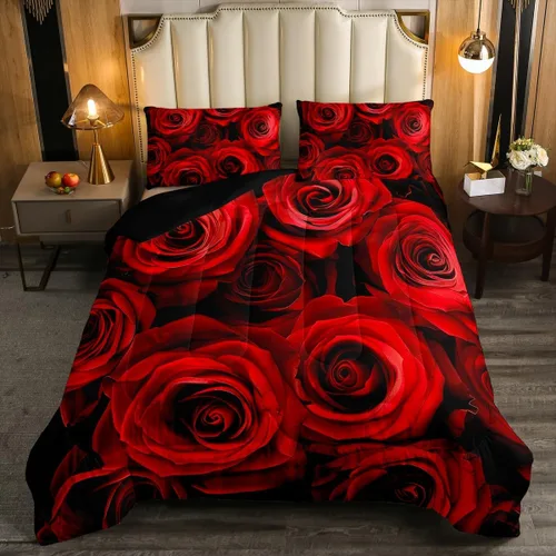 Juego de edredón de rosas rojas, tamaño individual, juego de ropa de cama floral rojo degradado negro para niñas, mujeres, niños, adolescentes,