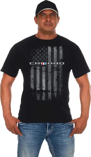 JH DESIGN GROUP Camiseta negra Chevy Camaro para hombre con bandera estadounidense envejecida
