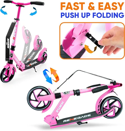Miniatura 3 de Hurtle Renegade Kick Scooter for Kids, Teenagers & Adults - 2-Wheel Folding Scooter with Adjustable T-Bar Handlebar - Alloy Anti-Slip Deck Rosa