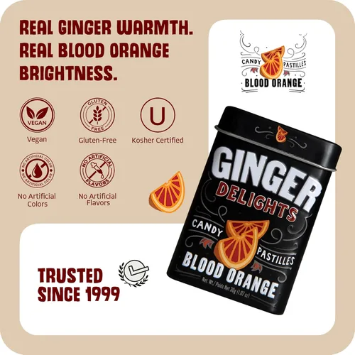 Miniatura 3 de Ginger Delights Dulces de Naranja Sanguina Raíz de Jengibre Molido Genuina, Sabores Naturales Certificado Kosher, Vegano, Sin Gluten Sin