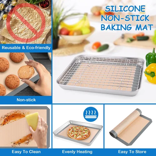 Miniatura 4 de P&P CHEF Bandeja para horno tostador de 9 x 7 x 1 pulgadas con rejilla y alfombrilla de silicona, bandeja para horno tostador de acero inoxidable