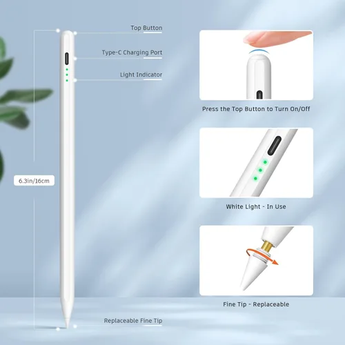 Miniatura 4 de Lápiz óptico para iPad 2018-2024, 15 minutos de carga rápida Apple Pen iPad lápiz con rechazo de palma y sensibilidad de inclinación, compatible