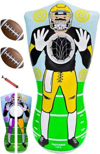Preferred Toys Juego inflable de fútbol de 65 pulgadas, juego de lanzamiento de red de doble cara con mini bolas, juguete deportivo para fiestas en