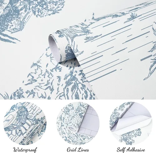Miniatura 9 de WENMER Toile de Jouy - Papel de contacto Toile de Jouy, papel tapiz azul y blanco, papel adhesivo vintage de país francés para dormitorio, sala