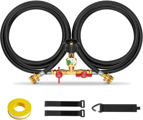 Miniatura 8 de Manguera divisora de propano de 5 pies de 2 vías con válvula de cierre, convertidor compatible con calentadores Camp Buddy, plancha parrilla Weber
