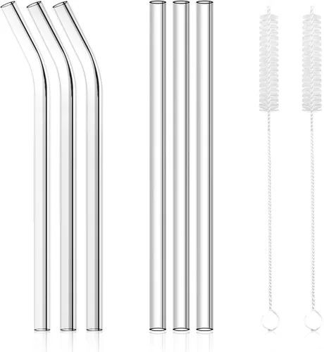 AKONEGE Paquete de 6 popotes de vidrio reutilizables, pajitas de vidrio transparente, 0.335 x 0.394 in, 3 popotes de vidrio rectos y 3 doblados con