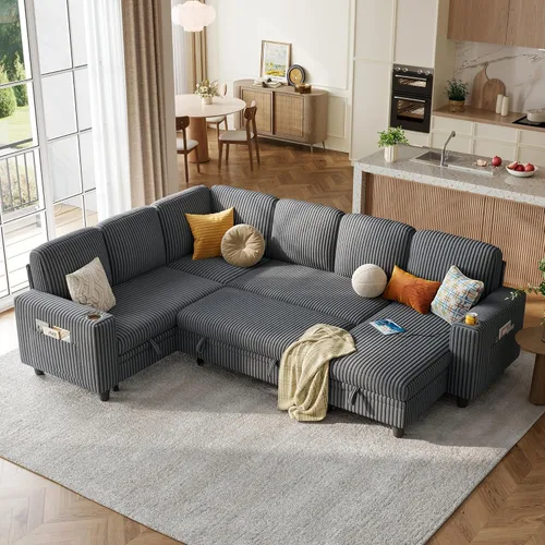 Miniatura 42 de LINSY HOME Sofá cama modular extraíble para sala de estar (beige, sofá cama 1) Sofá cama extraíble, almacenamiento, carga USB, portavasos, pana