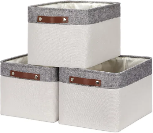 Miniatura 35 de HNZIGE Cestas organizadoras grandes de tela (3 unidades), canastas decorativas plegables con asas de cuero (crema, 15 x 11 x 9.5 pulgadas)