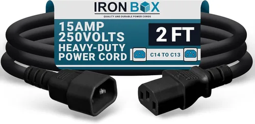 IronBox Electric - Cable de Alimentación C14 a C13 de Servicio Pesado, 15A, 250V, Cable de Extensión para Computadora 14/3 AWG - Cables de