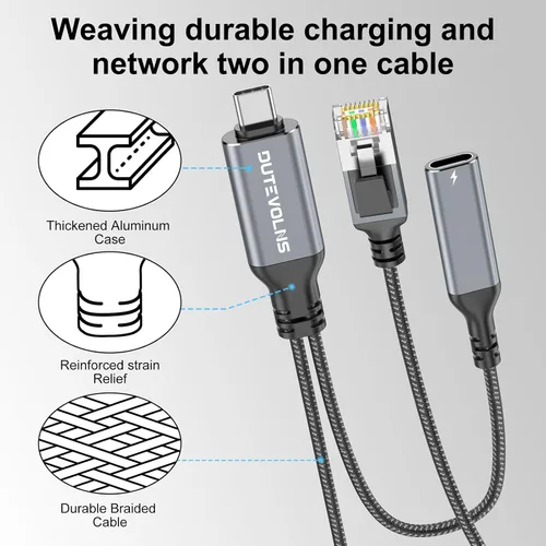 Miniatura 6 de Cable USB C a Ethernet y carga hembra de 6.6 pies, USB-C hembra 60 W PD y Gigabit LAN dos en uno, cable de nailon tipo C a RJ45, conectado