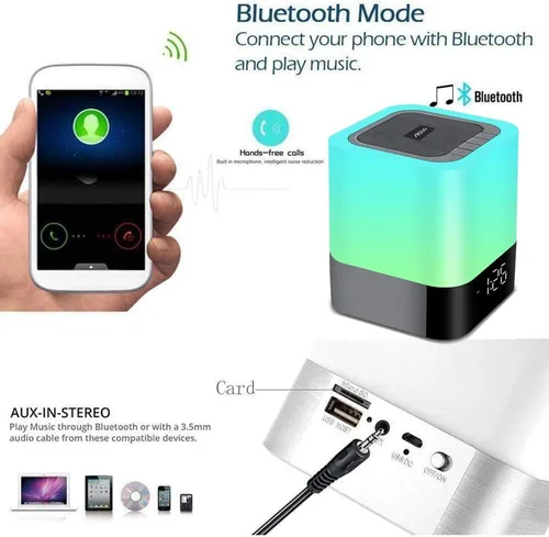 Miniatura 3 de Luz Nocturna - Lámpara de mesita de 5 en 1 con altavoz Bluetooth, reloj despertador de calendario digital de 12/24H, control táctil, soporte