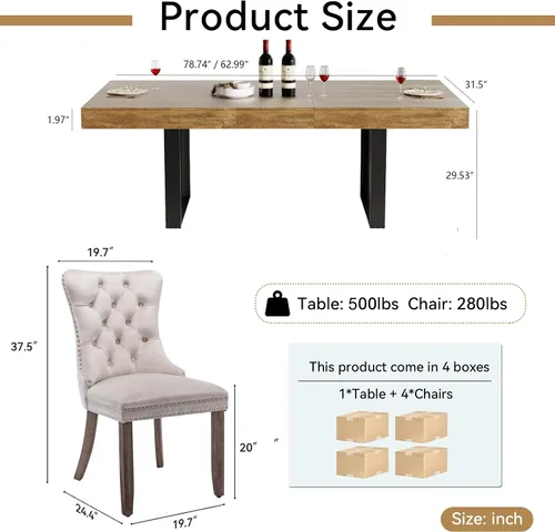 Miniatura 3 de Juego de mesa de comedor extensible de 5 piezas para 4, mesa de cocina de madera marrón de 63-78.7 pulgadas con 4 sillas acolchadas beige, juego