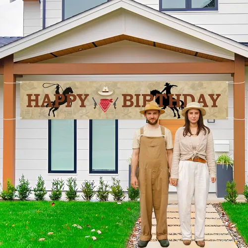 Miniatura 6 de Labakita Cartel grande de feliz cumpleaños de vaquero occidental, decoraciones de fiesta temática occidental para niños y hombres