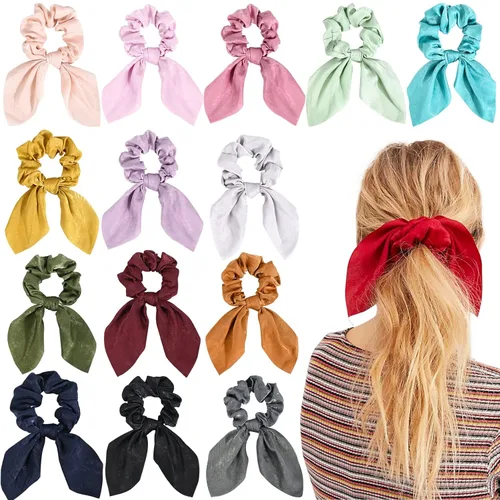 Miniatura 7 de 6 piezas coleteros de cabello de satén sedoso con orejas de conejo, lazo, bandas elásticas para el cabello, sujetadores de coleta para mujeres, 01