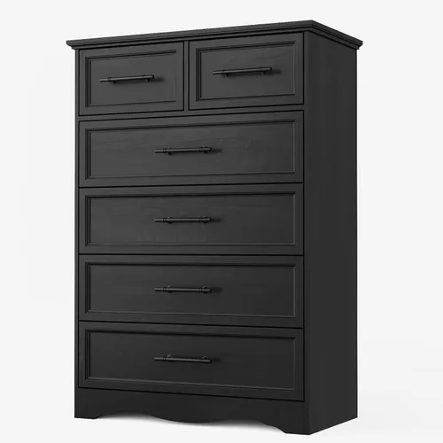 YANSNWO Cómoda de Granja Negra para Dormitorio, Moderna Cómoda de 6 Cajones, Cómoda Alta de 44" con Manijas de Metal Cepillado, Organizadores de