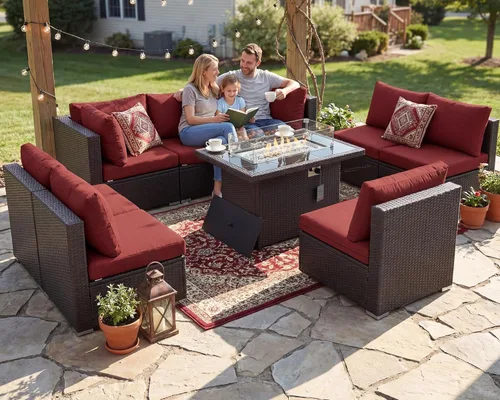 Miniatura 34 de NICESOUL Juego de muebles de patio para exteriores de 7 piezas con mesa para hoguera, gas natural y propano convertible, respaldo alto de 29.3