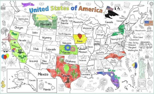 PartyGarden US Map - Póster para colorear para niños, 54 x 33 pulgadas, diseño de mapa gigante de Estados Unidos para colorear, mantel grande de