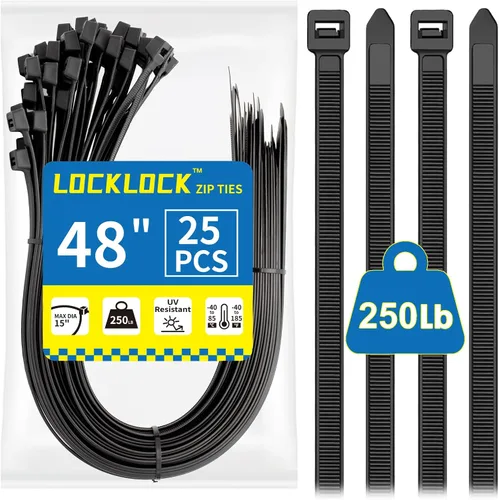 Bridas grandes resistentes para exteriores de 48 pulgadas (paquete de 25), bridas resistentes de 250 libras, color negro, LOCKLOCK