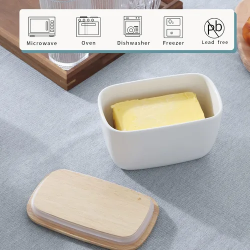Miniatura 6 de Mantequillera de porcelana perfecta para 4 barras de mantequilla, recipiente de mantequilla grande de cerámica con tapa (blanco)
