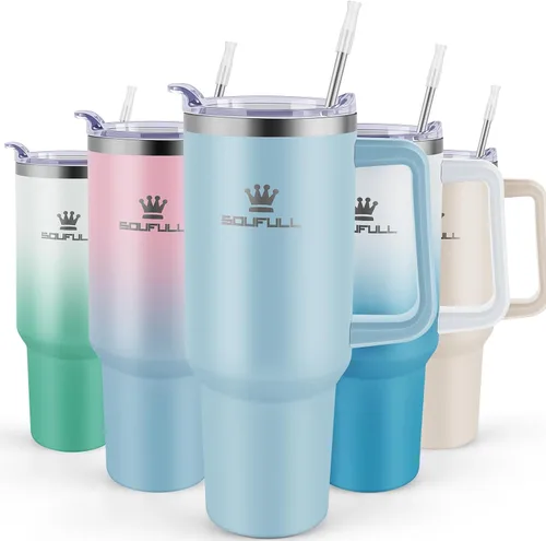 Miniatura 10 de Vaso de 40 onzas con asa y tapa con popote, taza de café de viaje 100% a prueba de fugas, taza aislada de acero inoxidable para bebidas frías