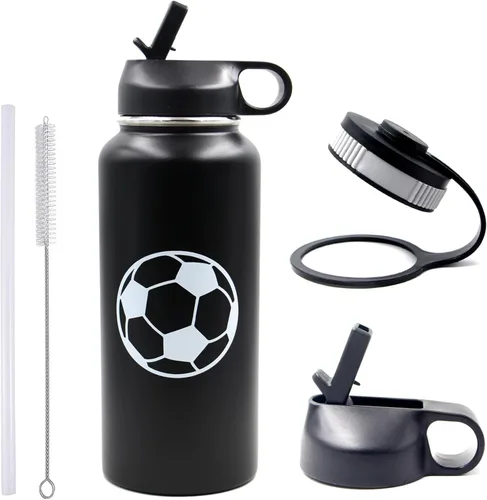 Miniatura 13 de Botella de agua de baloncesto de 12 onzas, botella de agua deportiva aislada al vacío de acero inoxidable con popote y 2 tapas, botella de agua