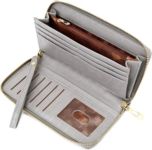 Miniatura 2 de Badiya Cartera para mujer, con bloqueo RFID, de cuero, con cremallera, de gran capacidad, para tarjetas de crédito, bolso largo, Gris