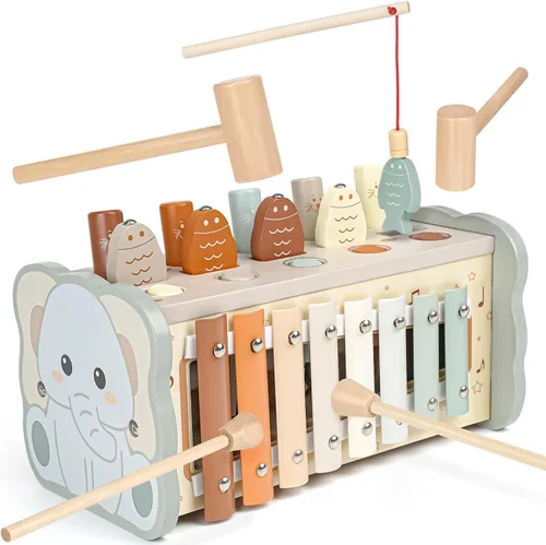 Joyreal Juguetes Montessori de madera para niños de 1 año – Juguete martillador con xilófono y juego de pesca – Actividades educativas para niños de