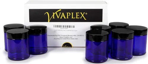 Miniatura 3 de Vivaplex, Tarros redondos de vidrio azul cobalto, 8 onzas, con tapas negras, paquete de 8
