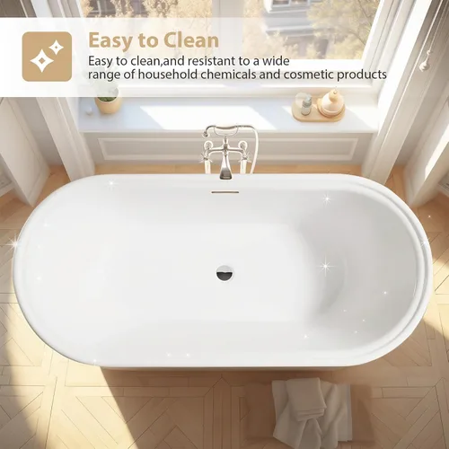 Miniatura 3 de Vanity Art Bañera de acrílico blanca independiente de 59 x 30 pulgadas, moderna bañera de remojo sola con desbordamiento ranurado certificado por