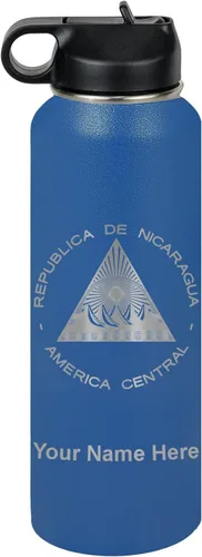 Miniatura 23 de LaserGram Botella de agua personalizada, bandera de Nicaragua, acero inoxidable de doble pared aislada al vacío con popote superior, regalo grabado