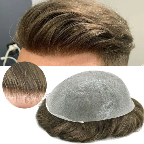 Miniatura 26 de Cabello humano para hombres, tupé, piezas de cabello humano europeo, todas las piezas de cabello en V para manualidades, 0.002 in, piel fina