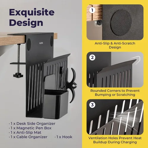 Miniatura 4 de Volcora Almacenamiento lateral, soporte para debajo de la laptop, organizador sin taladros con caja magnética para bolígrafos, abrazadera