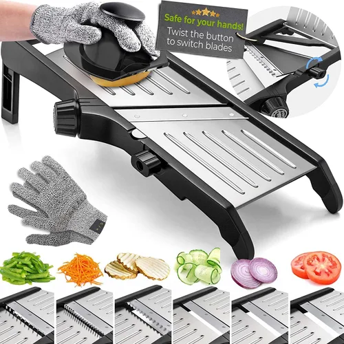 Cortador de alimentos con mandolina, ajustable de acero inoxidable con cortador de gofres, corte arrugado, papas fritas, cebolla vegetal Negro