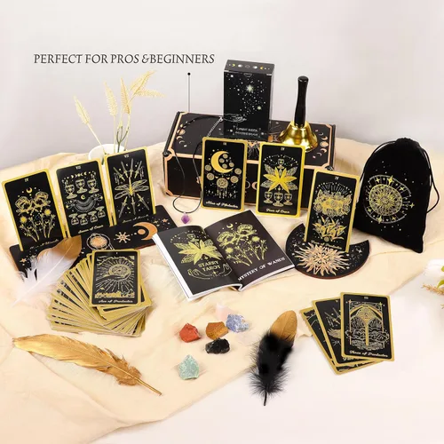 Miniatura 5 de 78 cartas de tarot con guía – Juego de regalo de baraja de tarot con tela de tarot y soporte, piedras de chakra y más, cartas de tarot negras
