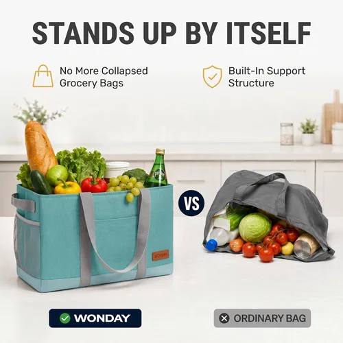 Miniatura 3 de WONDAY Portador de Bolsa de Compras Reutilizable Extra Grande de Pie con Asa, Treinta y Una Bolsa Utilitaria Plegable para Compras y Playa Verde