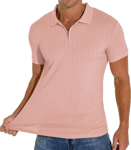 Miniatura 4 de Askdeer Camisas tipo polo con cremallera para hombre, ajustadas, casuales, elásticas, de punto acanalado, con cremallera