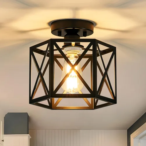 Miniatura 9 de Lámpara de Techo Moderna de Granja Negra y Dorada, Lámpara de Techo Industrial Semiempotrada, Accesorios de Iluminación Hexagonal para Pasillo