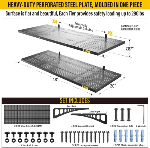 Miniatura 4 de Paquete de 2 estantes de pared ajustables de metal de 1.64 x 4 pies, estantes de almacenamiento de garaje resistentes montados en la pared