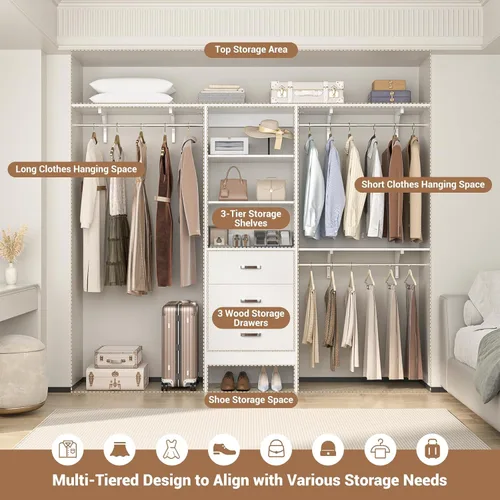 Miniatura 7 de Sistema de Organización de Closet Besiost con Cajón - Sistema Organizador de Closet de Madera de 8 Pies con 3 Barras para Colgar y Torre de Blanco