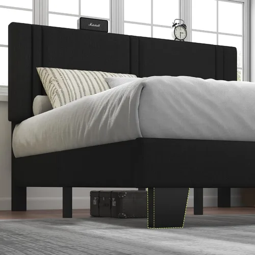 Miniatura 6 de Feonase Base de cama individual con plataforma doble, marco de cama individual tapizado en terciopelo, listones de madera maciza y soporte para pies