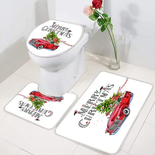 Miniatura 9 de Juego de 4 cortinas de ducha con alfombra antideslizante, cubierta para tapa de inodoro y tapete de baño, cortina de ducha de Papá Noel con 12