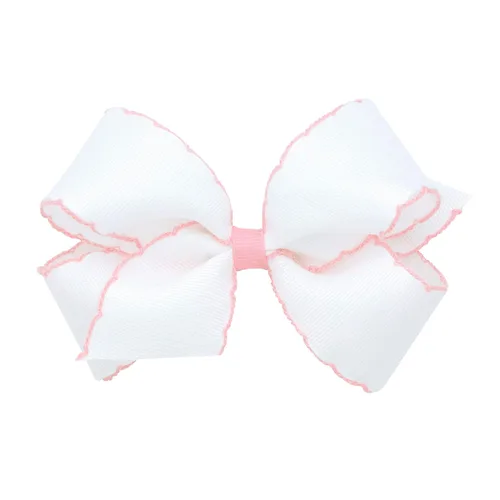 Miniatura 17 de Wee Ones - Lazo clásico de grogrén con borde de puntadas lunares para niñas, con clip para cabello WeeStay, borde en contraste, King, blanco