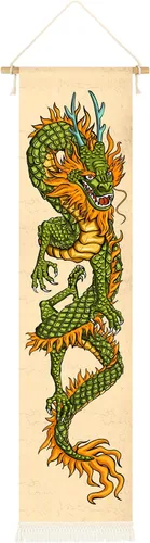 Miniatura 8 de Póster colgante de lienzo para pared, pintura de dragón chino, tinta y acuarela, tapiz de pared con efecto mitológico con 2 borlas y barra colgante