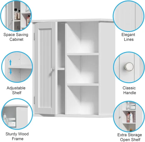 Miniatura 6 de Treocho Armario de pared de baño, botiquín con puerta y 3 estantes abiertos, organizador de almacenamiento montado en la pared para baño, cocina