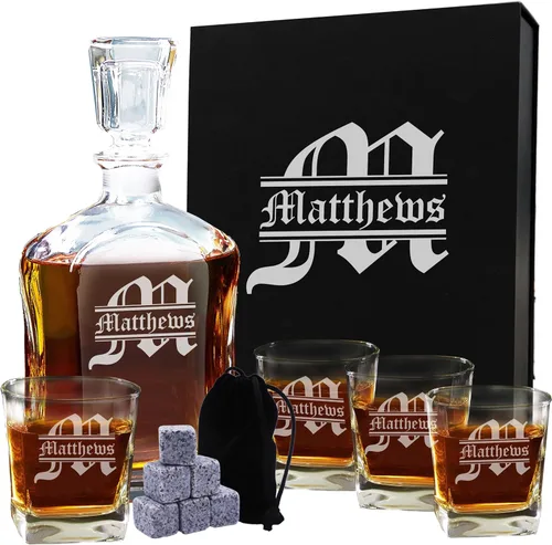 My Personal Memories, Juego de decantador de whisky personalizado de 5 piezas, decantador y juego de regalo de 4 vasos, grabado personalizado con