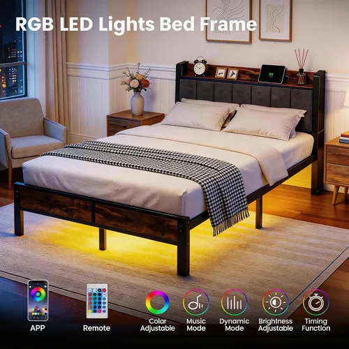 Miniatura 3 de Liians Base de cama LED de tamaño matrimonial con estación de carga y cabecera de almacenamiento, plataforma de metal, no necesita somier, fácil